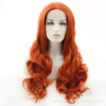 Wholesale price Ginger orange Long wave Synthetic Hair lace Wigs With Colorful  Pre-Plucked Big Factory Stock
